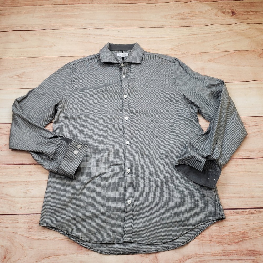 Calvin Klein Shirt Mens Medium Gray Infinite Cool Non-Iron Micro‎ Pattern Dress